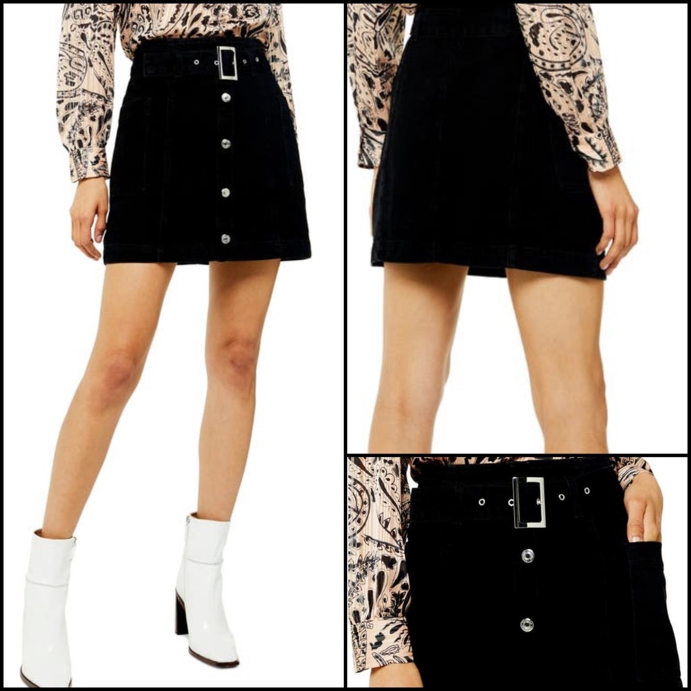 Topshop Black Denim Belted Miniskirt with Pockets Size 8